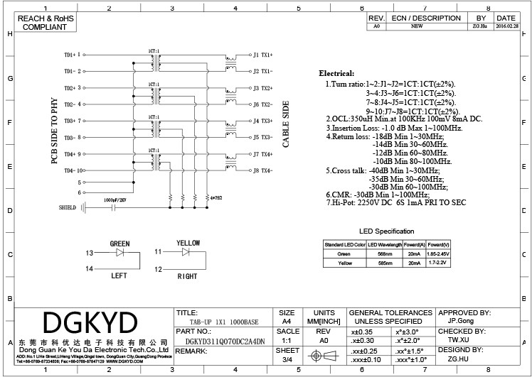 DGKYD311Q070DC2A4DN 25.4mm Network Interface Connector Single Port Gigabit Filter Integrated Transformer 10PIN