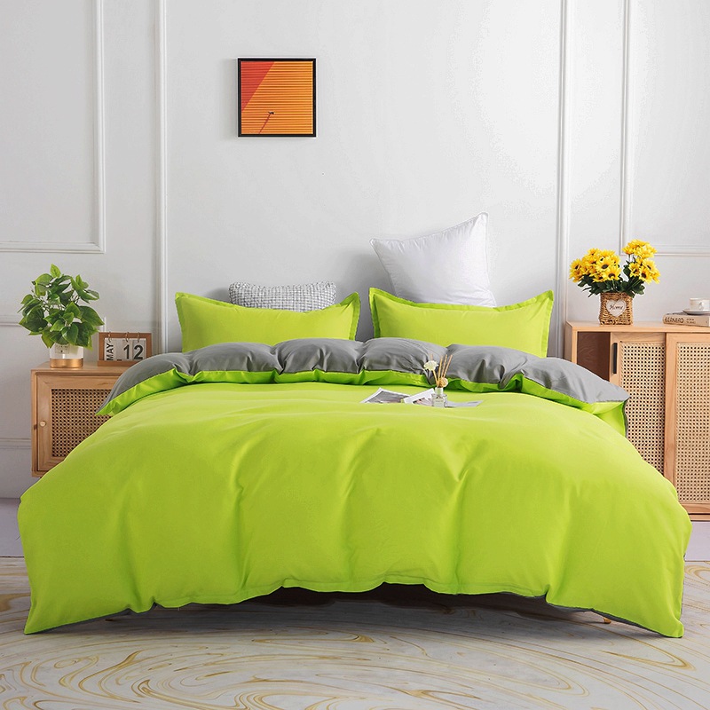 Contrast Color 4 Pcs Microfiber Bedding Set Solid Green Duvet Cover for King Size Bed