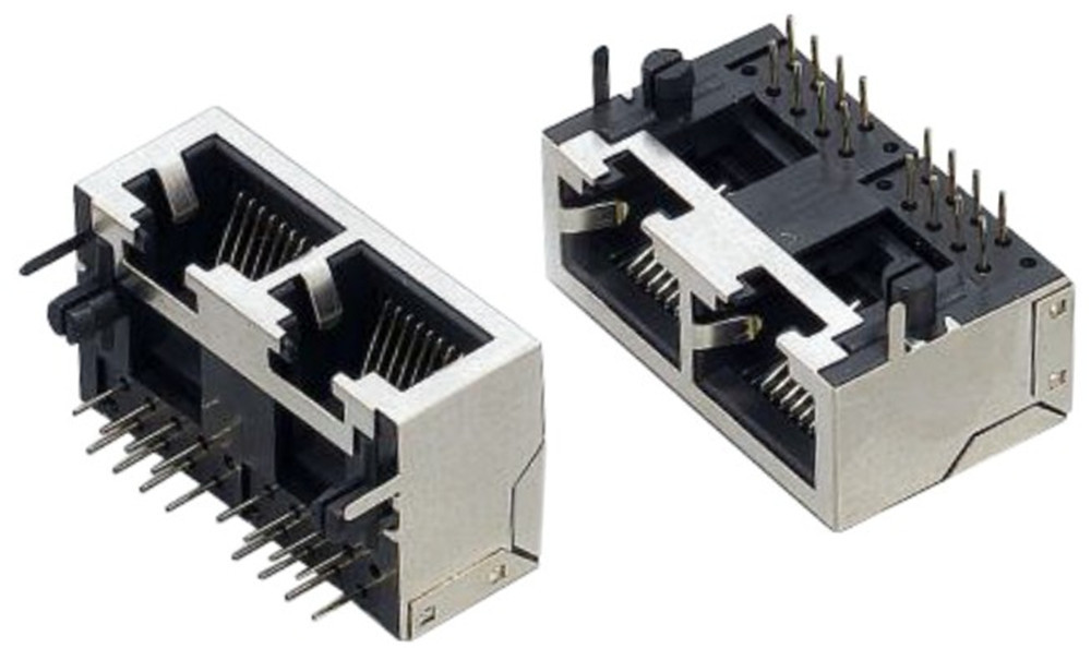 Right angle 1x2 multi-port RJ45 Jacks, shielded, without EMI fingers, optional