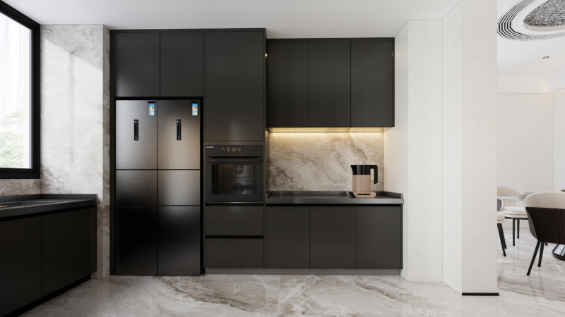 U Shaped Kitchen Units With Matte Black Finish And Dark Stainless Steel Countertop