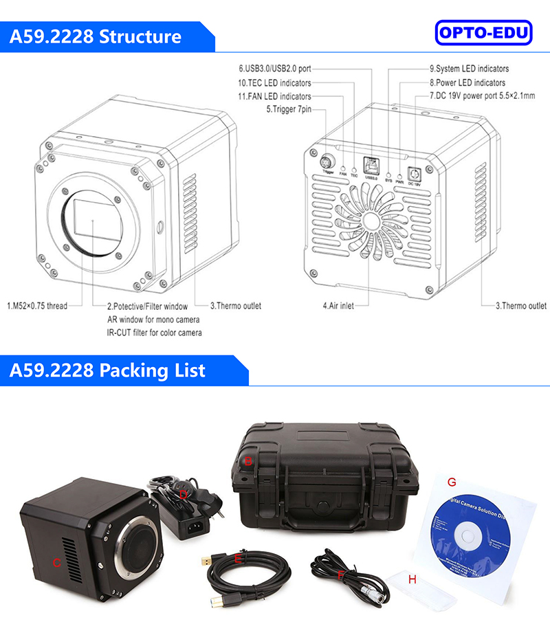 OPTO-EDU A59.2228 TE-Cooling M52/C-mount USB3.0 CMOS Camera 4.2M~61M
