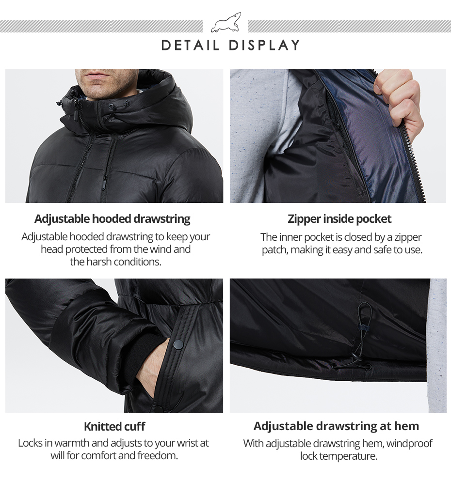 windproof and oil-proof high-tech fabric, no need to wash, eco-feather, dark- colour men's coat,