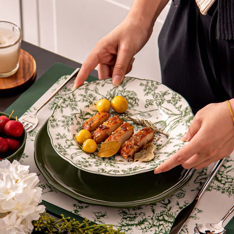 Sustainable Light Green Ceramic Dinnerware Set With Water Proof Flower Placemat