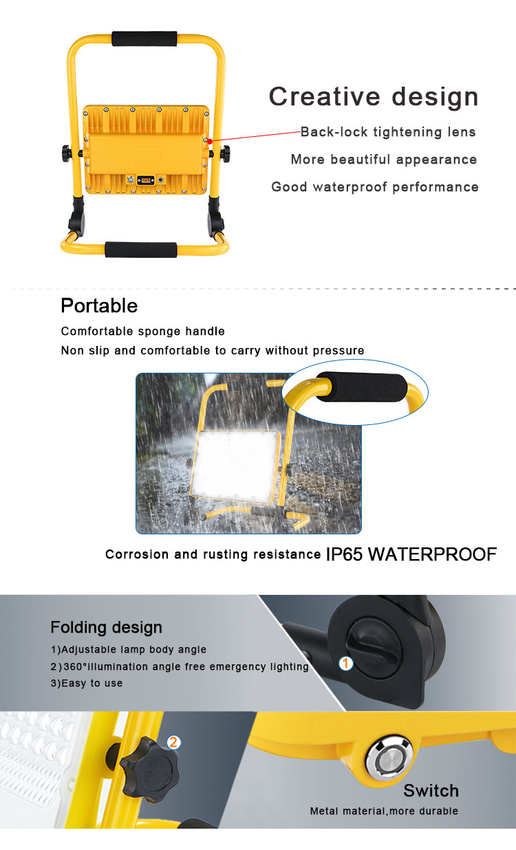 Yellow Rechargeable Portable LED Work Light Foldable 2000 Lumen 48w 85w 90w 7 Inch