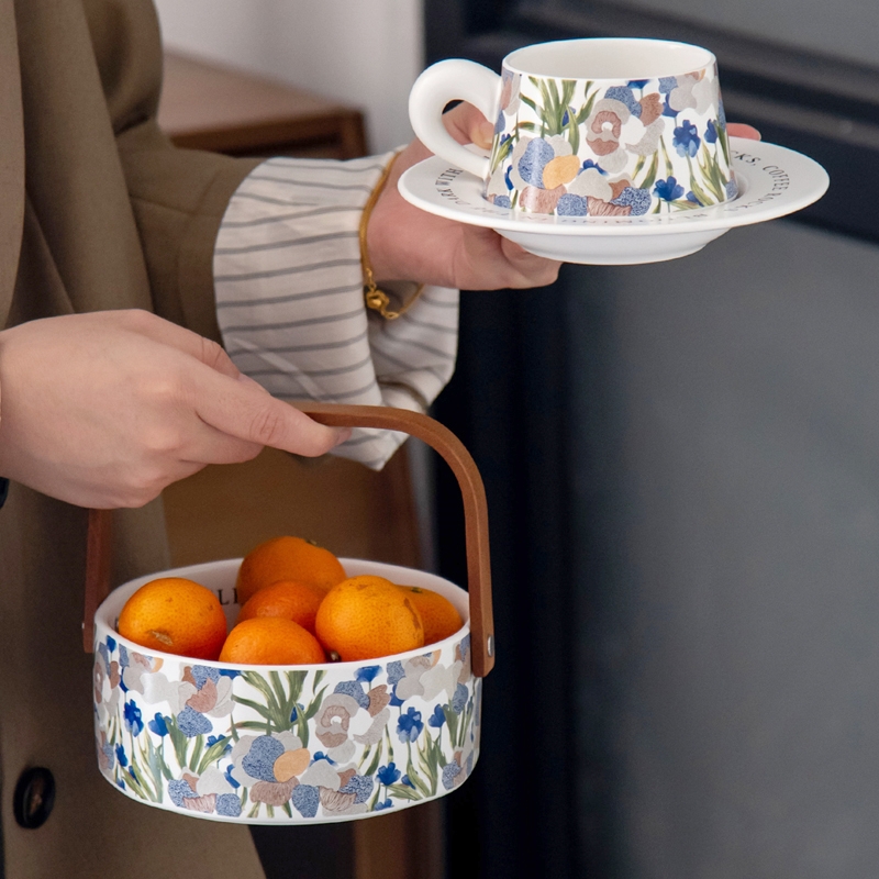 Flower Design Bamboo Handle Ceramic Fruit Plates For Party Occasion Serving Bowl