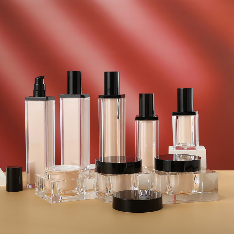 Custom logo pink acrylic square cosmetic bottle and jar cosmetic package container set for skin care production facial cream jar