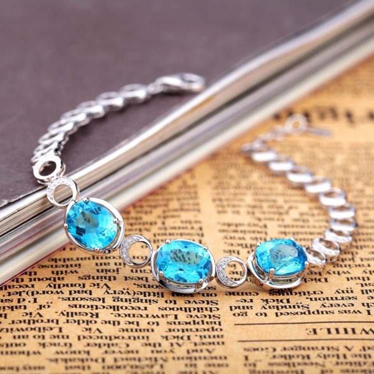 Fashion Jewelry Created Blue Topaz Cubic Zircon 925 Silver Link Chain Bracelet (H01)