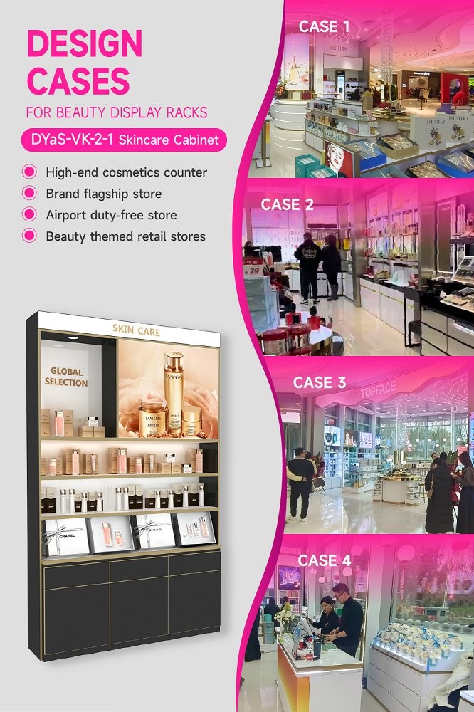 DYaS-VK-2-1 Skincare Display Cabinet with White LED Strips and Gold Edge Trimming