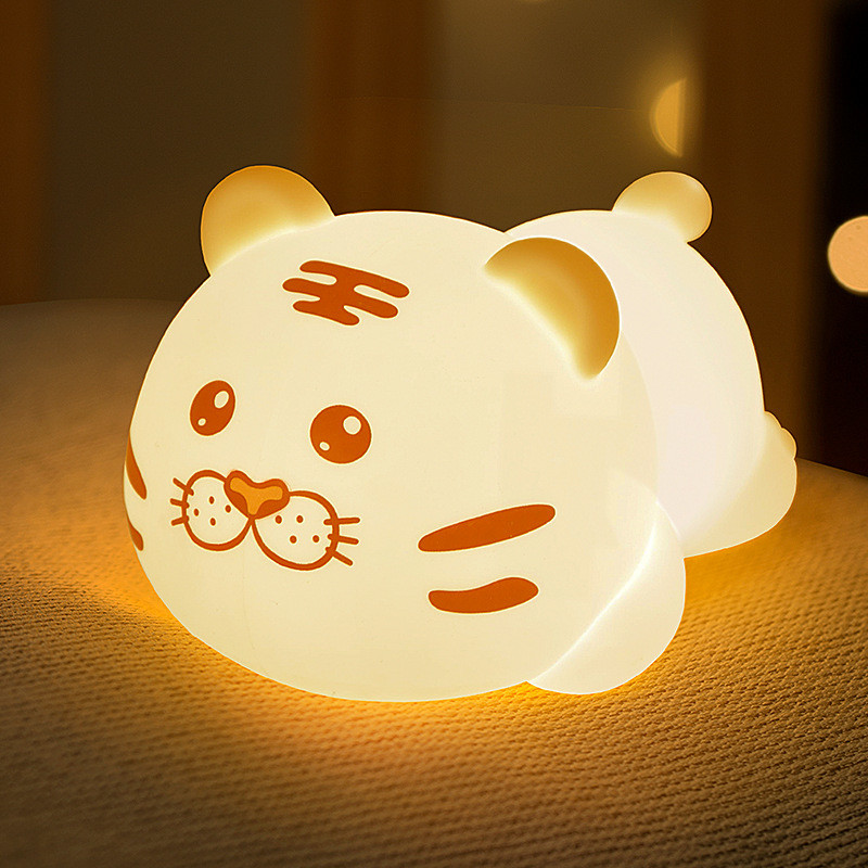 Cute Tiger Silicone Night Light LED Novelty Lamp 3 Level Dimmable Nursery Nightlight USB Rechargeable Timing Sleep Lamp