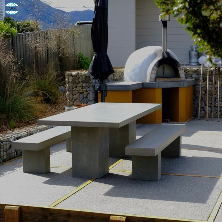 Grey Concrete Rectangle Patio Table Set Outdoor GRC Concrete Table Bench