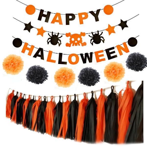 Happy Halloween banner with paper pom poms ,garlands, tassels for party