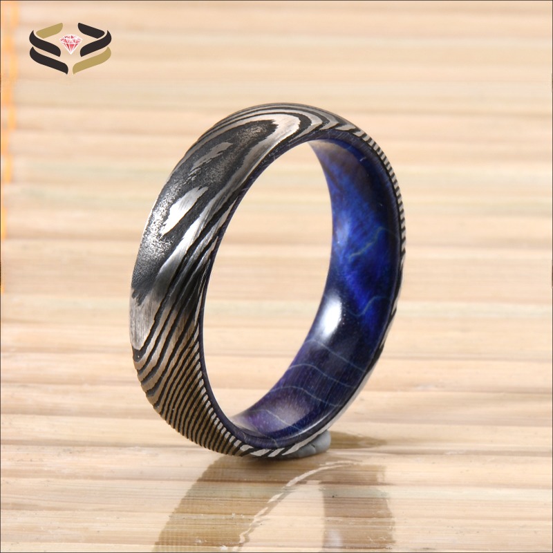 Etched Damascus Wedding Rings 6mm 8mm With Blue Purple Wood Sleeve Inlay