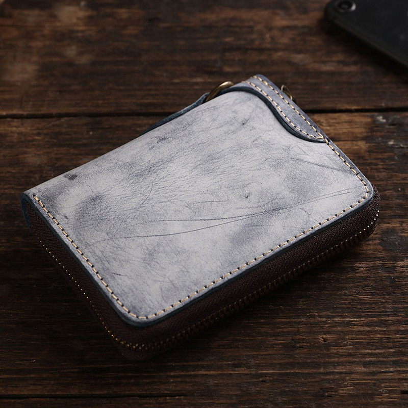 Japanese Style Hanging Ring Men's Short Wallet with Zipper and Vegetable Tanned Leather