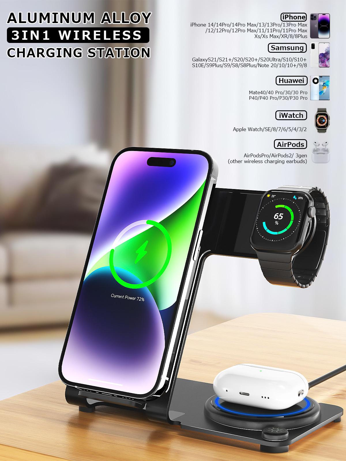 Metal Wireless 3 In 1 Charging Stand PD/QC Stylish High Charging Effeciency