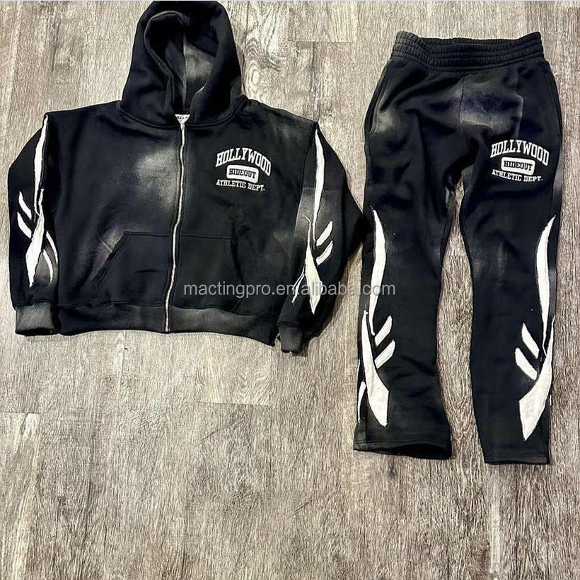 Distressed Patch Embroidery Flared Sweatpants and Hoodie Set 400 grams Fabric Weight