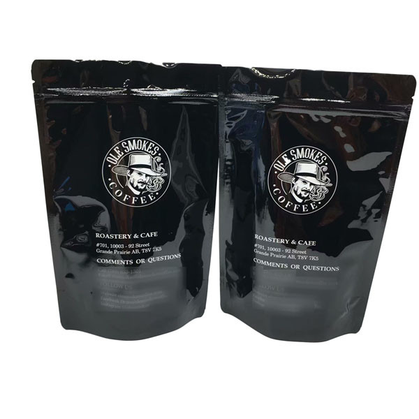 Coffee Beans Stand Up Zipper Custom Printed Pouch 100g 500g 1kg Glossy Black