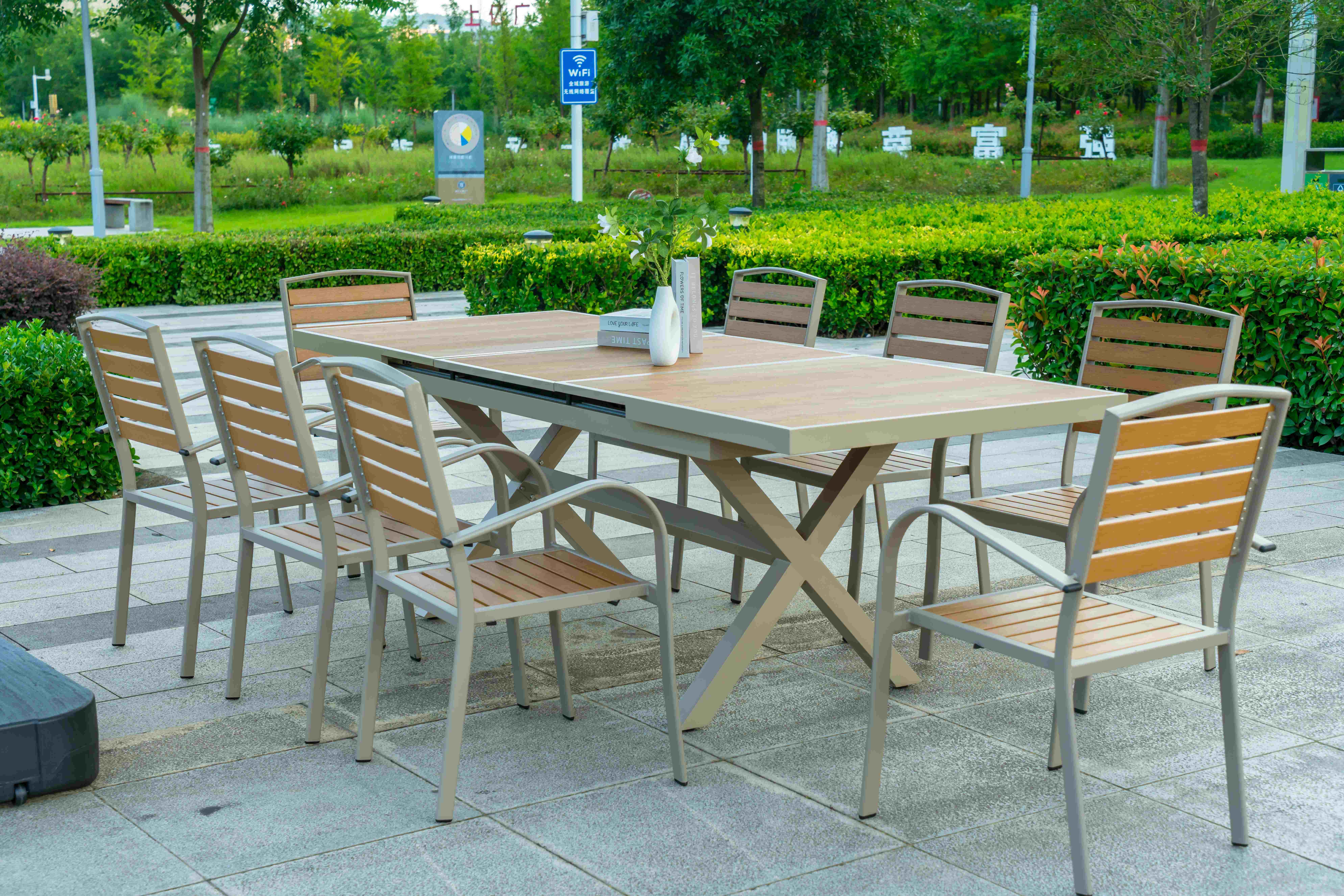 9 Pieces Plastic Wood Outdoor Restaurant Garden Tables Chairs Outdoor Furniture Patio Dinning Table Patio Furniture