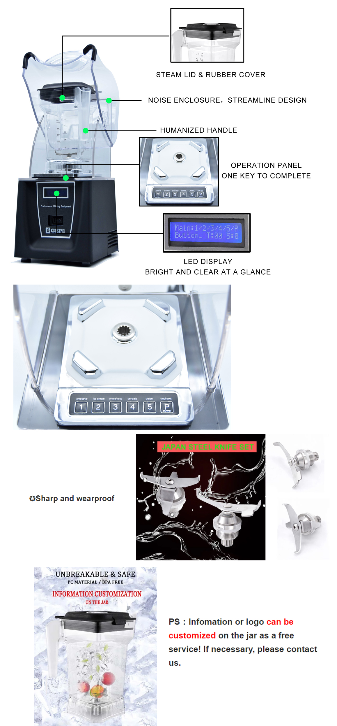 Low-Noise 1800W Heavy Duty Blender with 8 Speed Settings and Electric Power Source