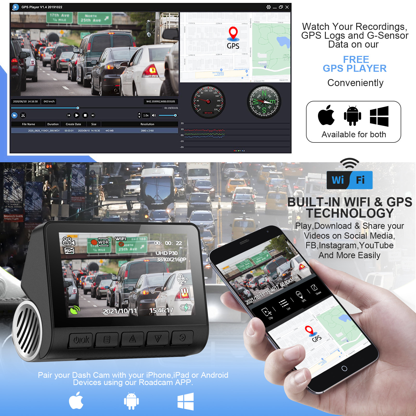 2K UHD Car Dash Cam GPS WiFi Car Camera Recorder 24H Parking Monitor