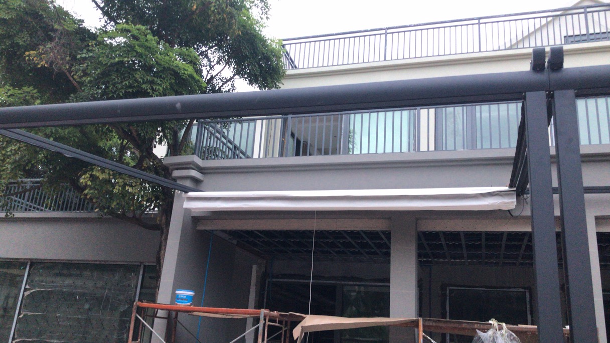 Outdoor electric LED retractable roof pergola and pergola components
