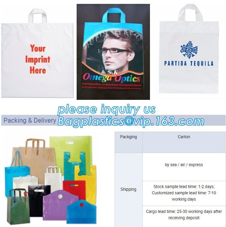 Custom Printed Stand Up Block BottomSoft Loop Handle Plastic Carrier Shopping Bag，Plastic Soft Loop Handle Bag for Shopp
