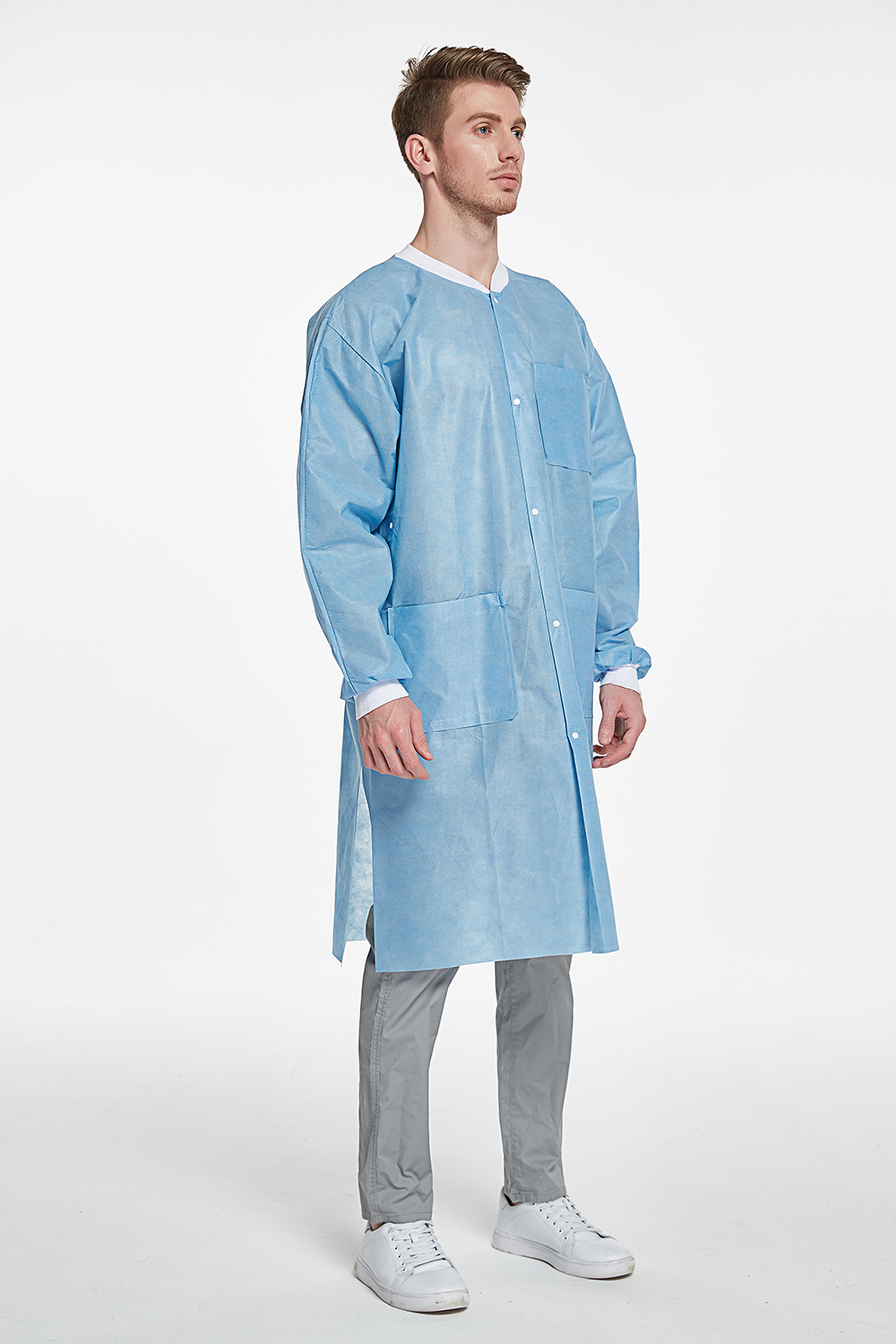 High Performance Premium Quality SMS Disposable Lab Coat With Knitted Cuffs and Collar Light Blue