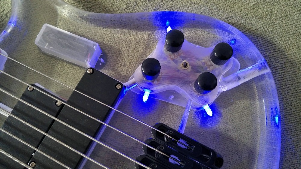 7 Strings Bass Guitar Limited Edition Clear Acrylic Body Rosewood fingerboard inlay Blue LED lamp Electric Bass Guitar