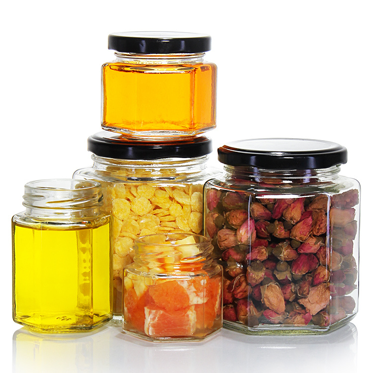 3oz 6oz 8oz 12oz Hexagon Honey Jar Pot De Miel Glass Empty Clear Honey Jar with Wooden Dipper