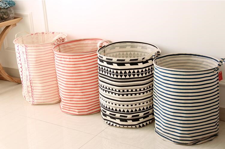 Ramie Cotton Foldable Laundry Basket Cylindric Burlap Canvas Storage Basket