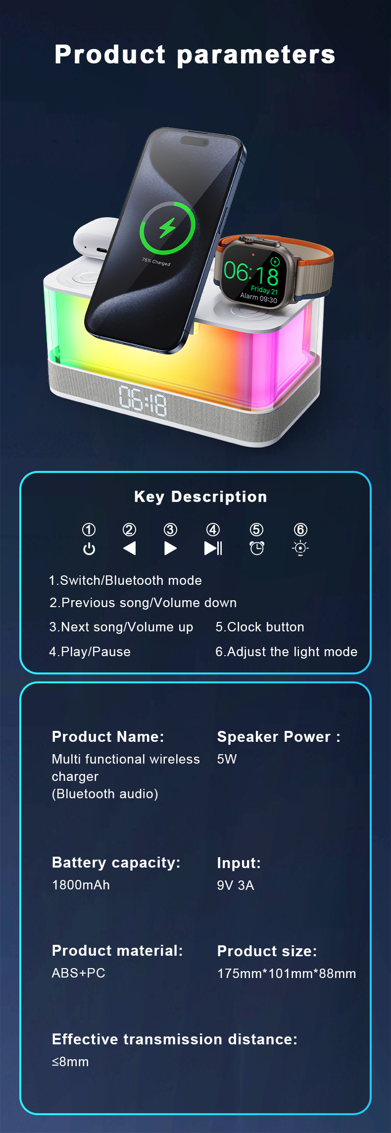 Colorful Lights Wireless Charger for iPhone iWatch and AirPods with Bluetooth Speaker