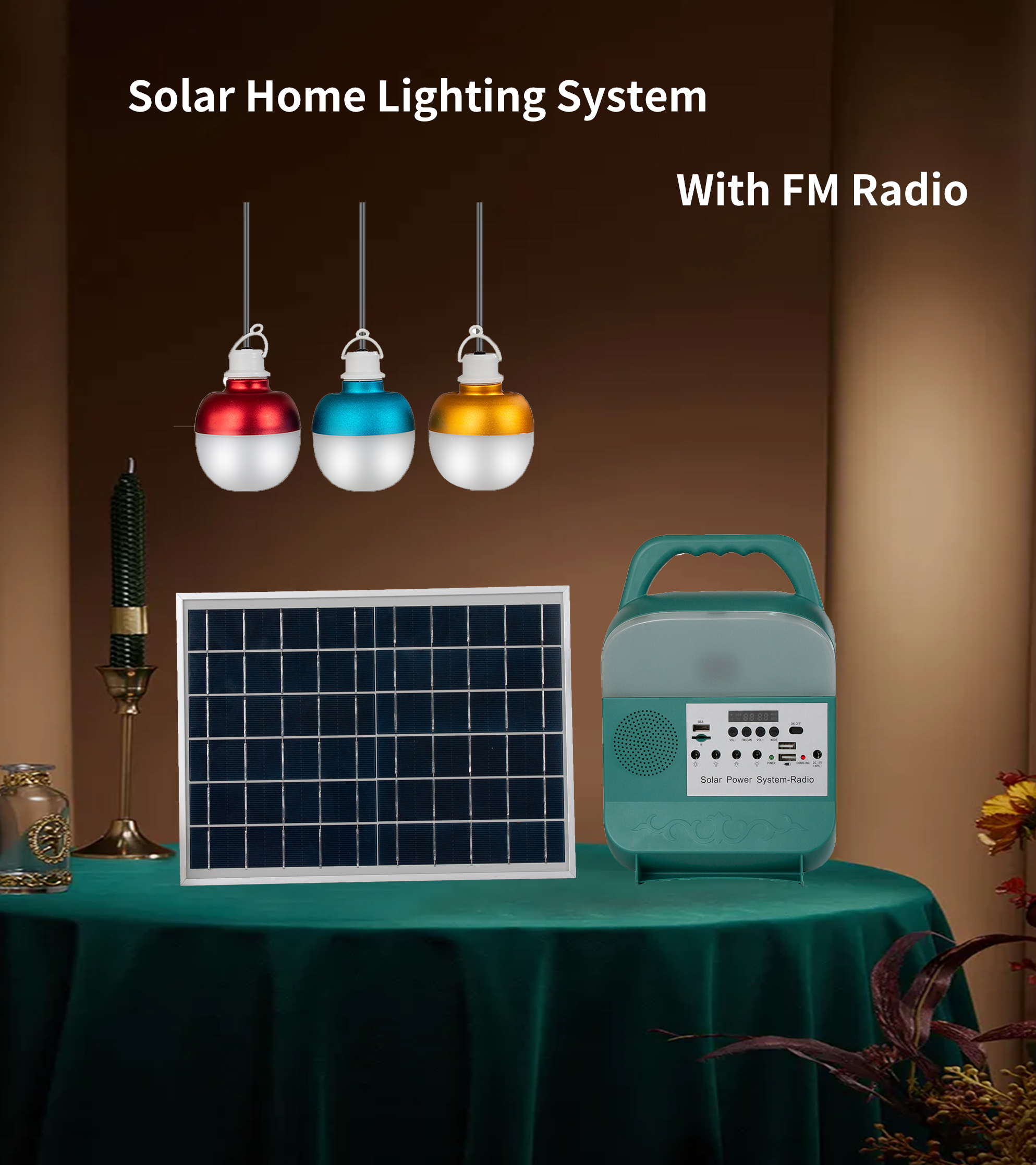 ABS 9W*3PCS Bulbs Home Solar Panel Energy System With FM Radio