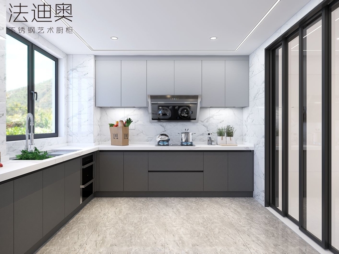 Modern Luxury U-Shaped Sleek Gray Design Stainless Steel Kitchen Cabinet