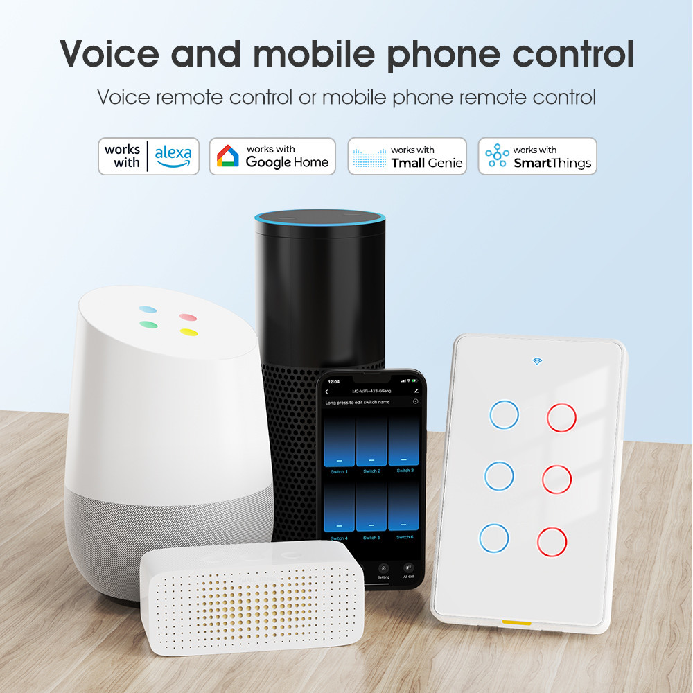 Tuya Smart WiFi 6 Gang Light Switch No Neutral Wire, Timing, Voice Control, RF433, Alexa & Google Home Compatible