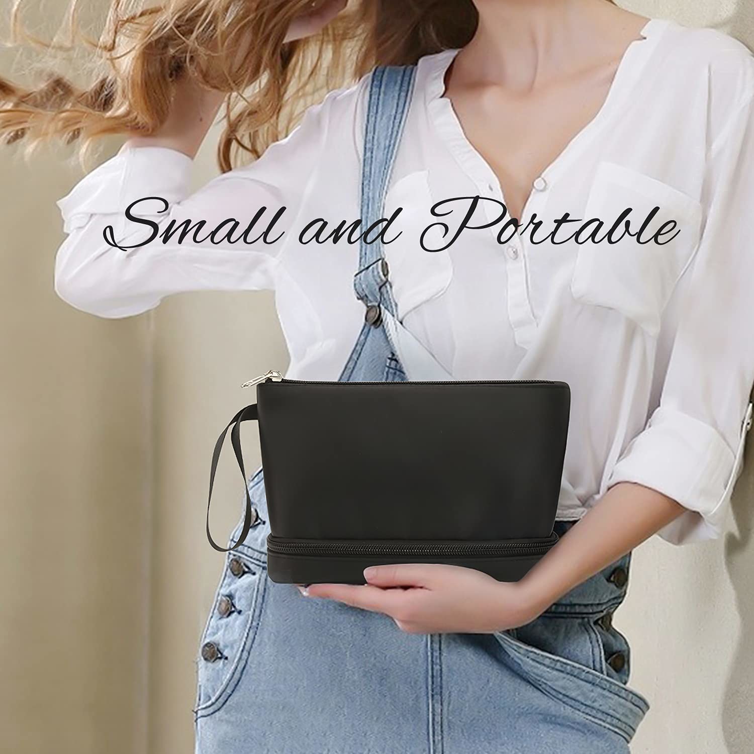 Fashion Black Waterproof Two Layer Cosmetic Pouch Ladies Carry On Clutch Makeup Bag With Brush Organize
