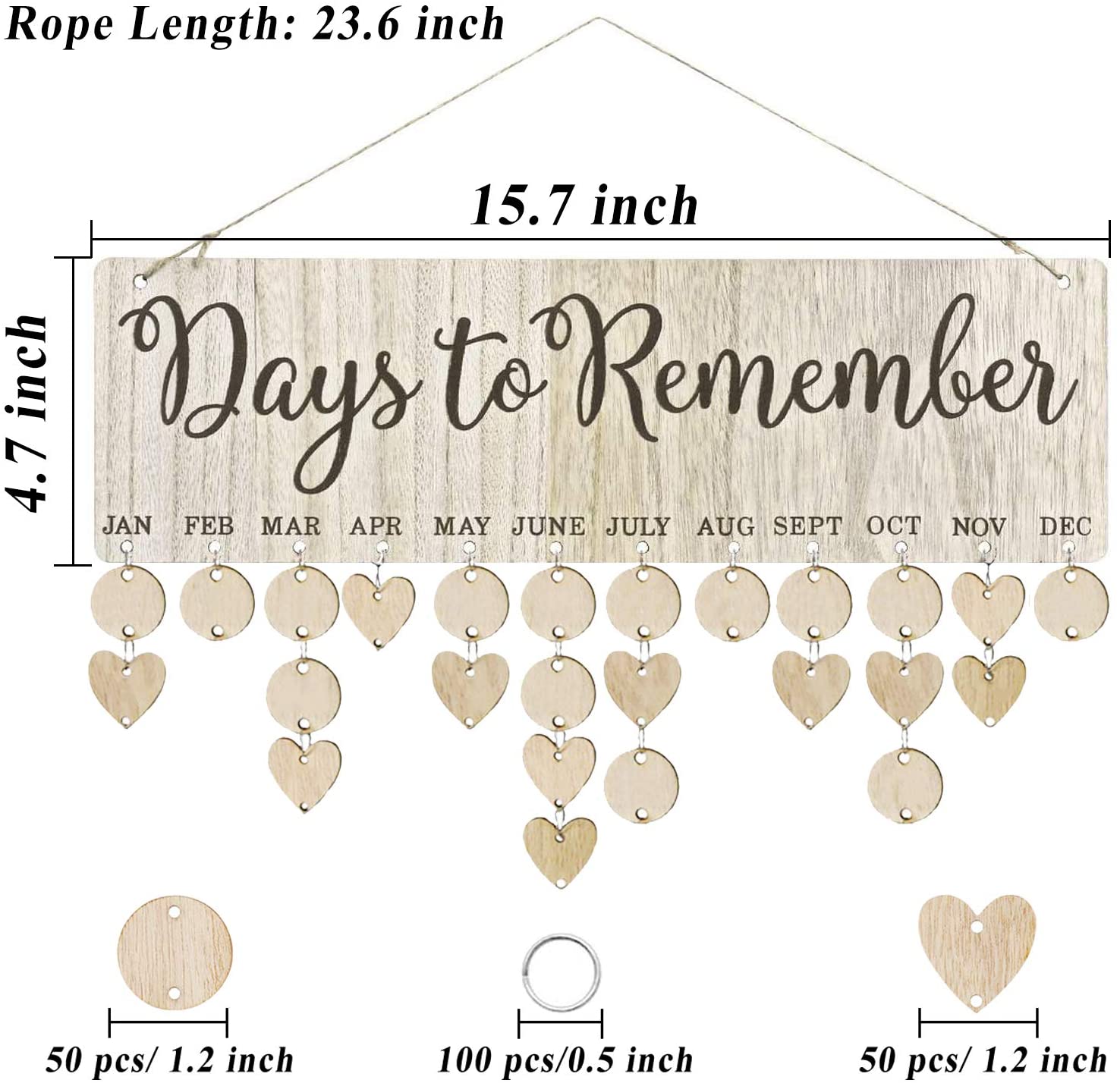 Family Birthday Board DIY Wooden Calendar Wall Hanging Birthday Reminder Plaque with 100 Wooden Tags Great Gift for Mom Grandma