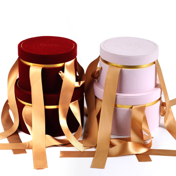 Gold Foil Logo Round Velvet Rose Flower Hat Box Small Mothers Day Gift Box with Ribbon