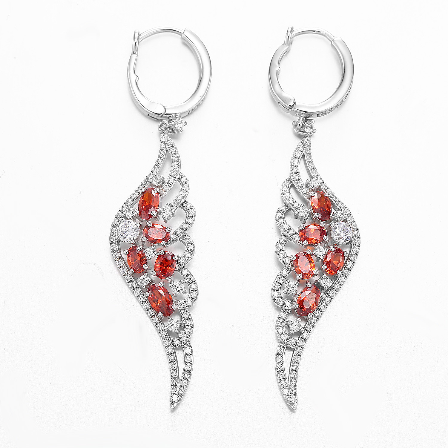 White CZ Red Ruby Dangle Earrings Sterling Silver Wing Shaped