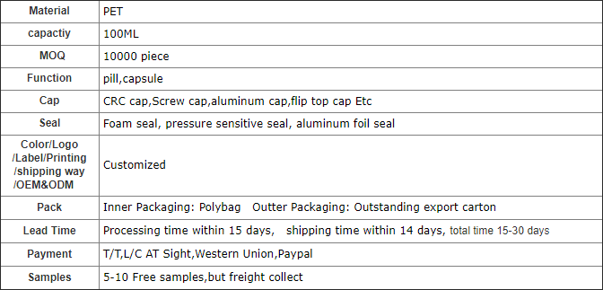 100cc PET Frosted Plastic Medicine Pill Bottle with Child Safety Cap Customized Color