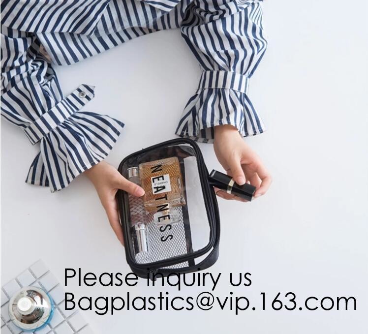 Clear Zipper Pouch with Strap Makeup Bag PVC Cosmetic Pouch,Printing Clear Zip lockk Cosmetic PVC Pouch, bagease, bagplast