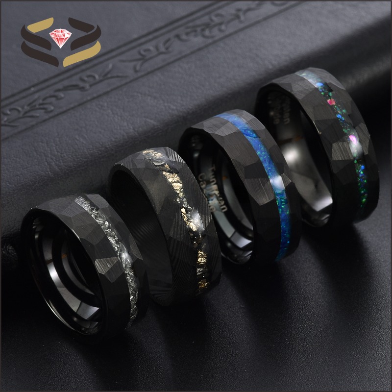 Men Faceted Black Tungsten Wedding Rings 8mm with Pearl Type Inlay Galaxy Opal Inlay