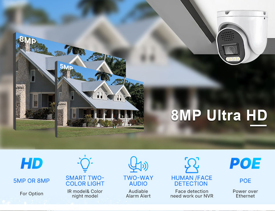 Metal Turret Dome 8 Channels Indoor Face Detection IP66 H.265 4K 8MP Wired POE IP Network Security Home CCTV Camera System