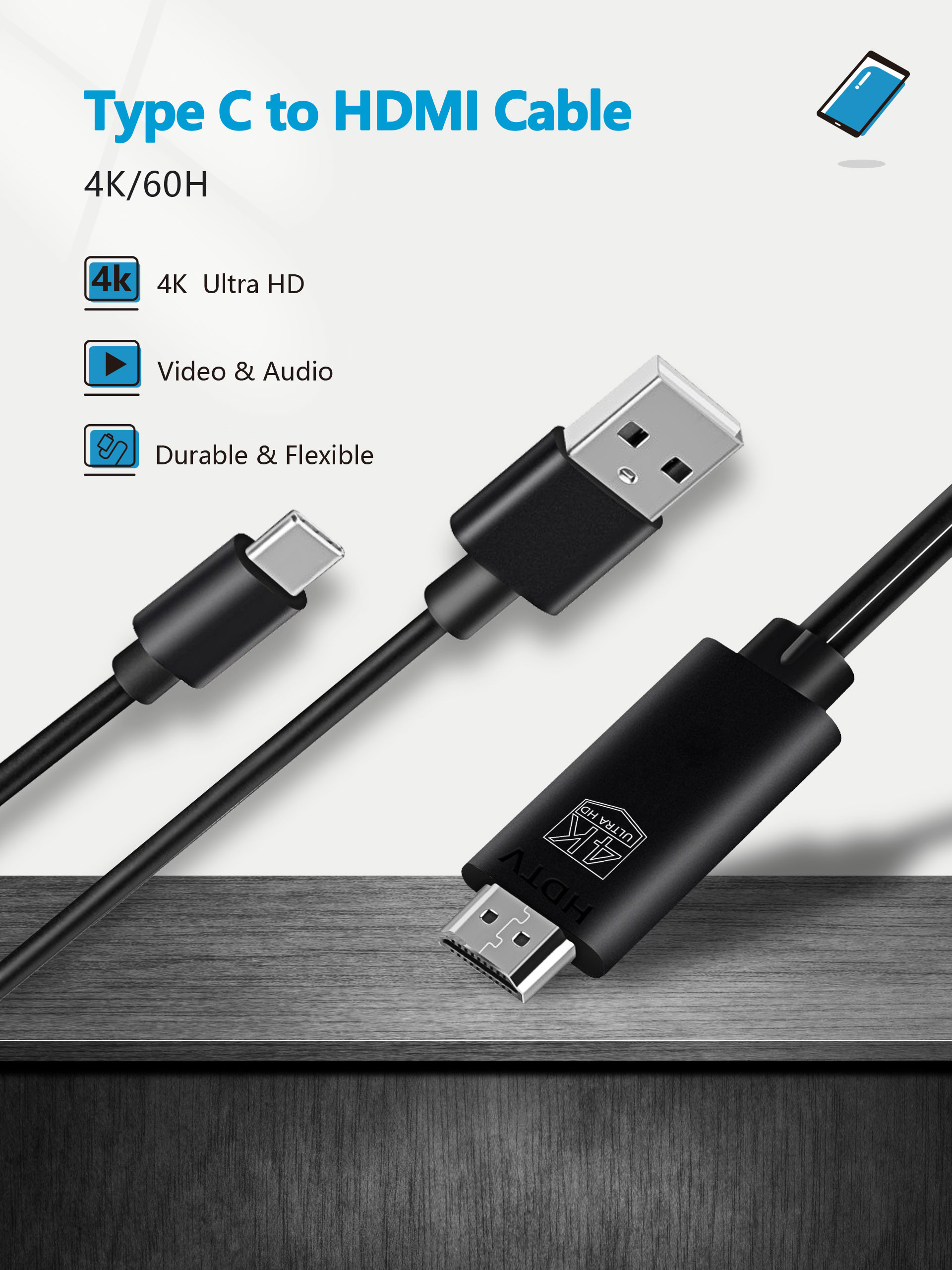 6FT HDMI HDTV Cable USBtype C to 4K HDMI cable