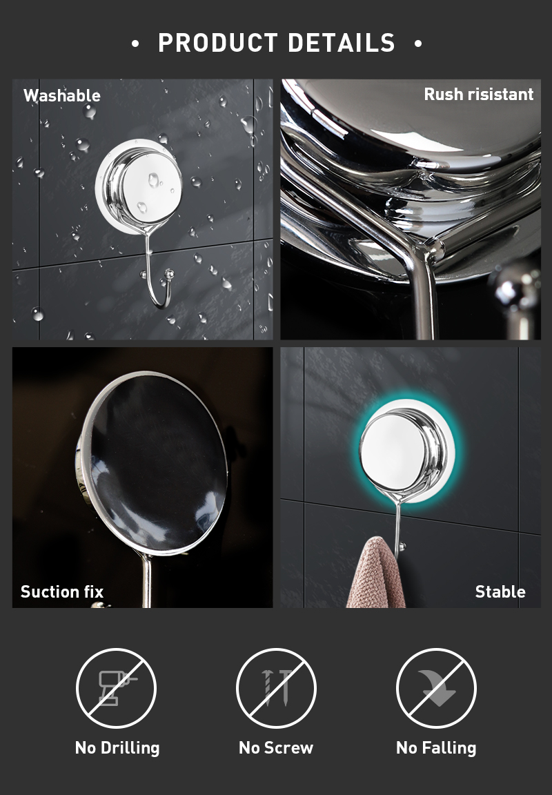 Single Kitchen Bathroom Suction Cup Hook Holder Stainless Steel Strongly Mounted