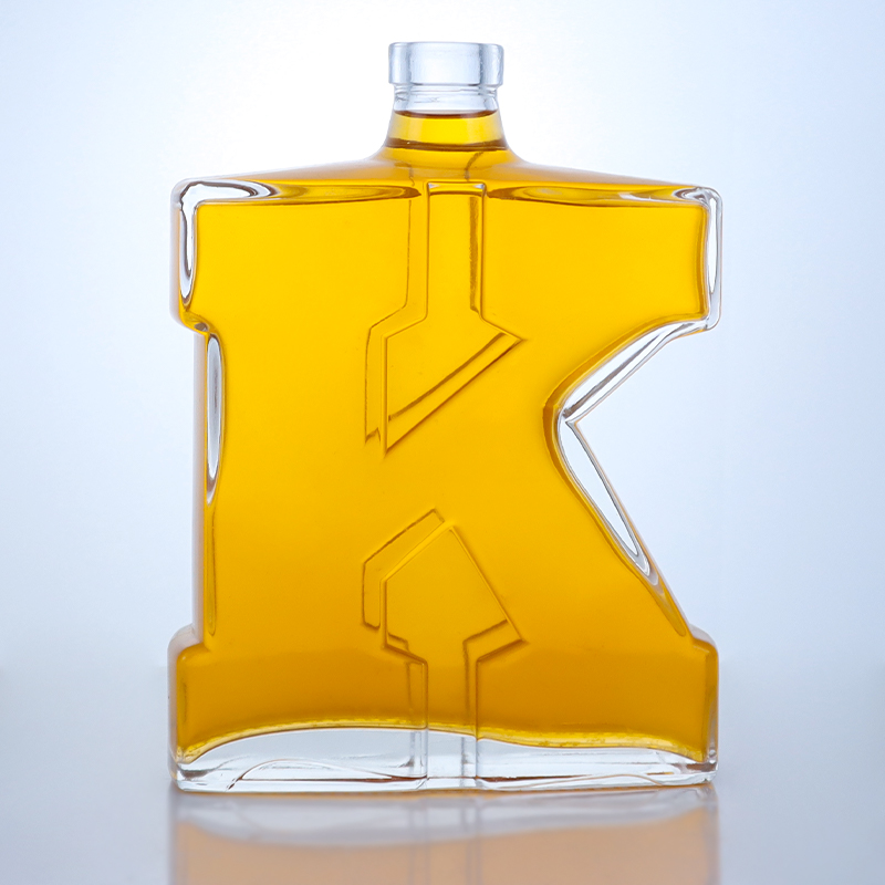 Custom K Shape Super Flint Glass Bottle for Whisky Gin Rum Brandy Spirit Industrial Liquor Cork Top