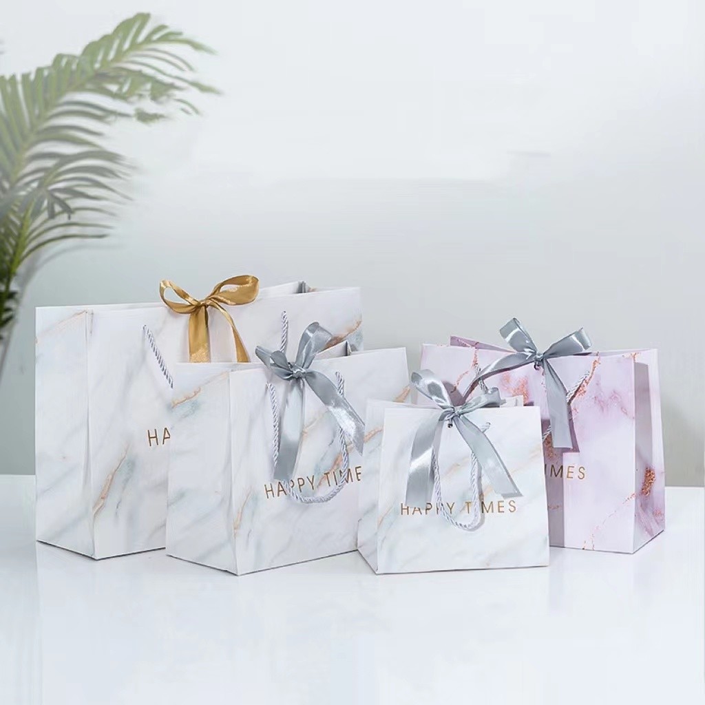Personalize LOGO Marble paper custom gift bag Paper Delivery Bags with ribbon handle