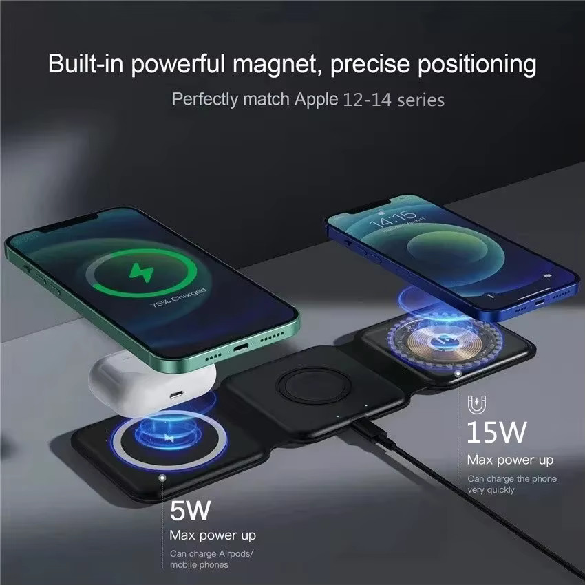 Magnetic 3 In 1 Foldable Wireless Charger iPhone 12-15 15w Fast Wireless Charging Stand Station Portable Wireless Chargers
