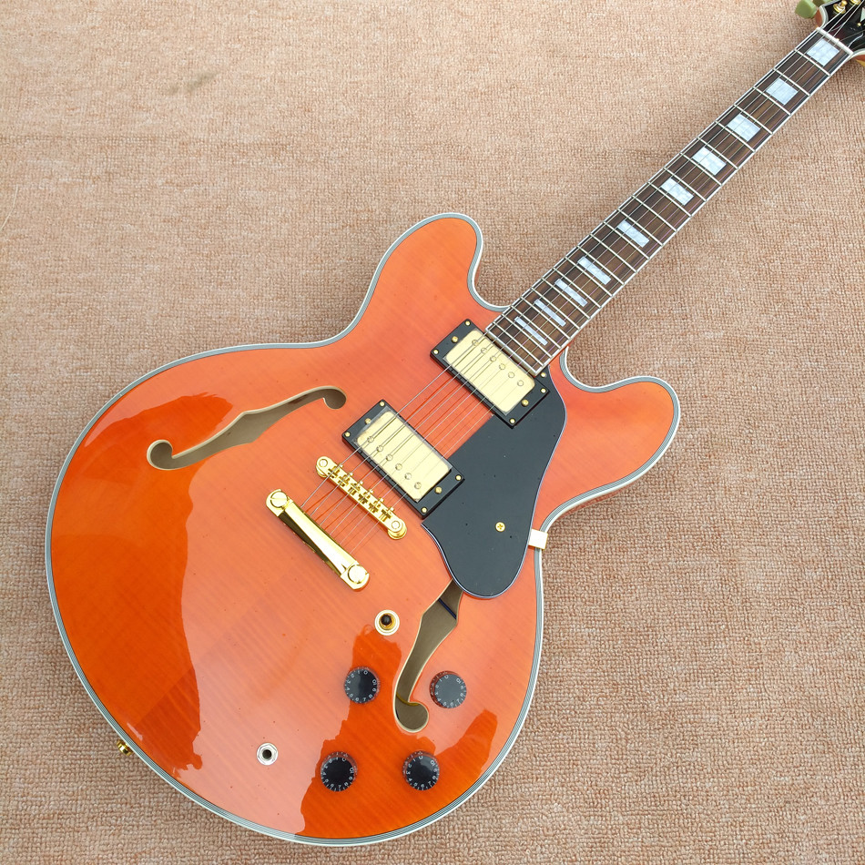 New style high-quality hollow body jazz electric guitar, Bursting maple top & back Double F holes electric guitar, free