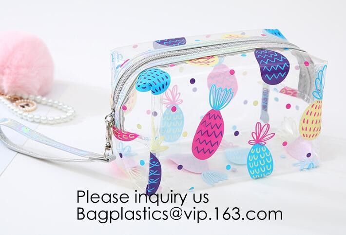 Clear Zipper Pouch with Strap Makeup Bag PVC Cosmetic Pouch,Printing Clear Zip lockk Cosmetic PVC Pouch, bagease, bagplast