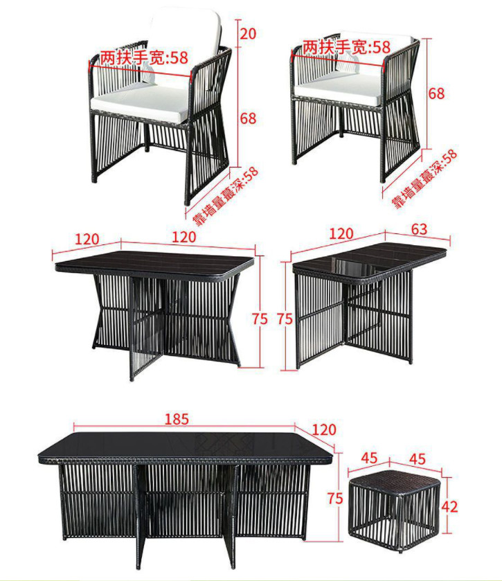 Black Rattan Outdoor Dining Table Rattan Aluminium Frame Waterproof Cushion