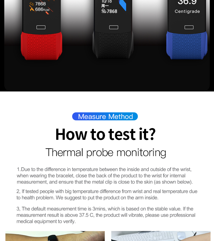 Reloj B5W Sport Touchscreen Smartwatch IP67 body temperature band Thermometer Bracelet